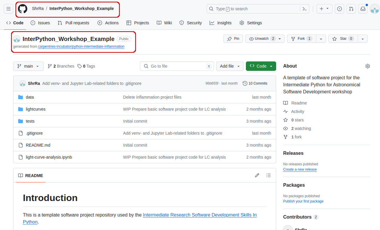 View of the own copy of the software template repository in GitHub