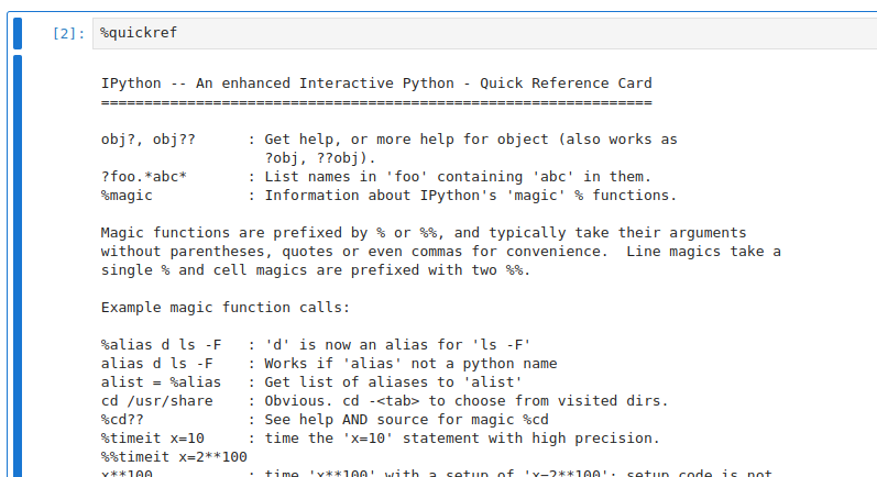 `%quickref` prints a reference card on Magic commands